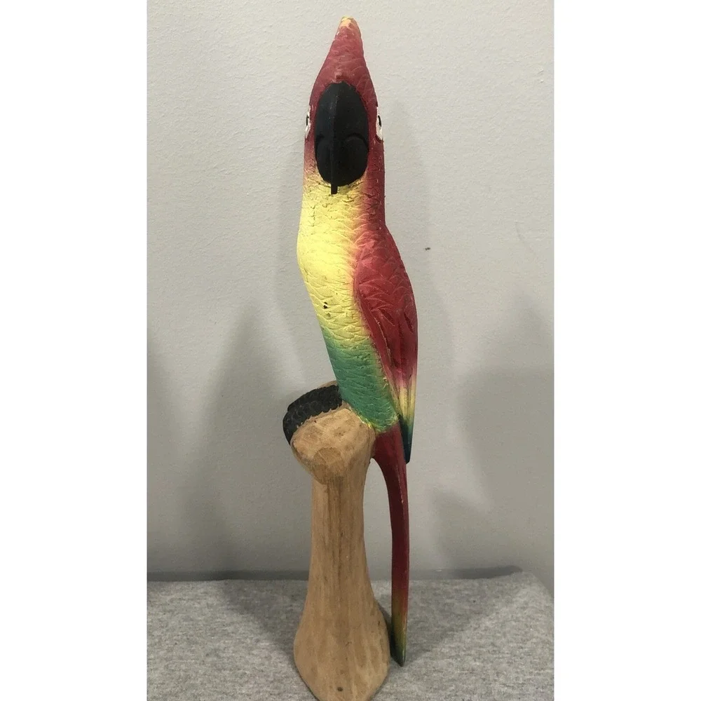 HandCarved Wood Parrot Sculpture Colorful Tropical Bird Decor 13